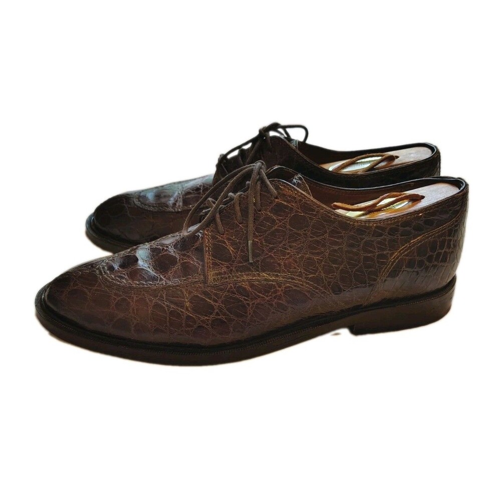 Zelli Split Toe Brown Exotic  Crocodile Size 9M Derby Dress Shoes W/ Shoe Trees